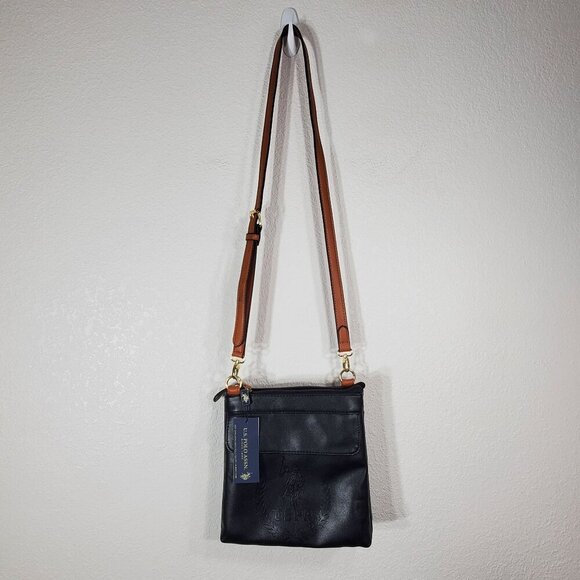 U.S. Polo Assn. Black & Tan Crossbody Bag Purse Embossed Logo & Adjustable Strap - Picture 2 of 12